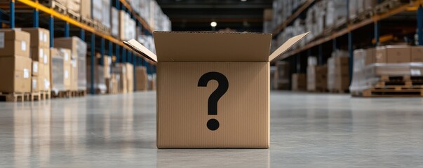 A cardboard box with a question mark stands in a warehouse filled with stacked boxes, symbolizing mystery or uncertainty in logistics.