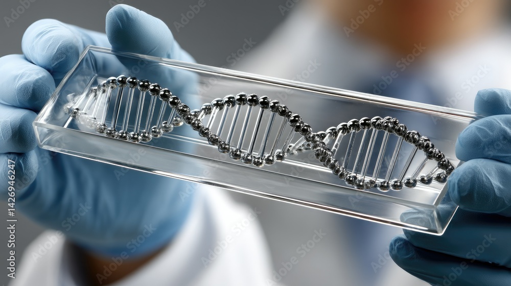 Poster scientist examines transparent dna model in lab setting while conducting genetic research and analys