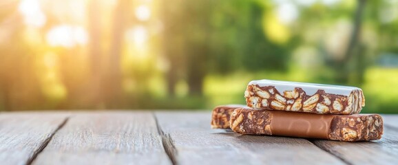 Cereal bars stacked on wooden surface healthy snack food photography