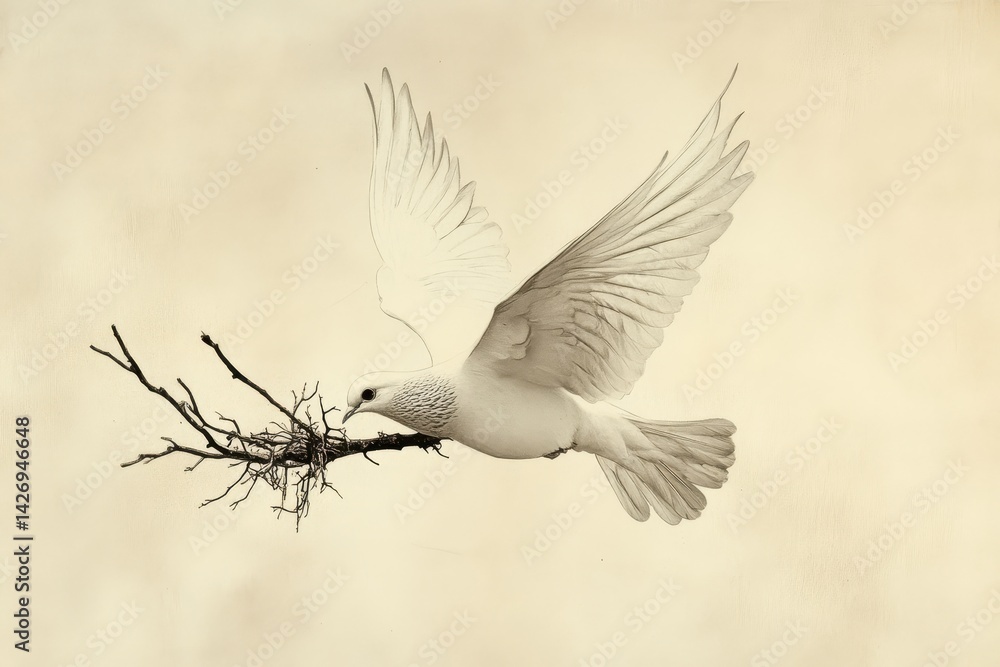 Poster dove in flight carrying a branch for nest building over a serene landscape, dove flies with a branch