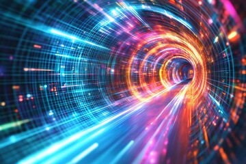 Fototapeta premium Colorful Neon Wireframe Tunnel With Futuristic Glow