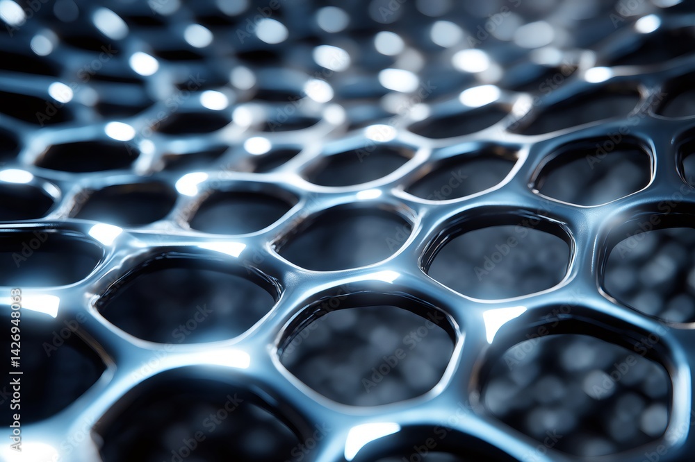 Poster metallic mesh creating a honeycomb like structure, with light reflections highlighting its futuristi