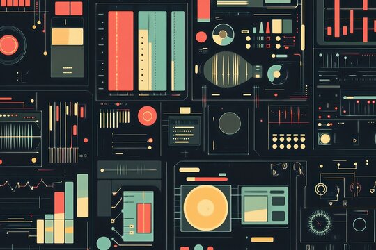 Media icons layered over complex data processing and scope scanning in modern digital design, media icons over data processing and scope scanning