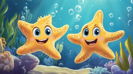 An illustration depicts two cute, colorful, and happy baby lobsters set against a sea background.