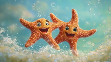 An illustration depicts two cute, colorful, and happy baby lobsters set against a sea background.