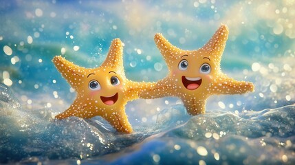 An illustration depicts two cute, colorful, and happy baby lobsters set against a sea background.