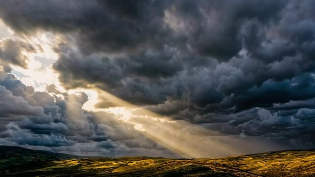 Dramatic sun rays break through dark clouds over rolling hills