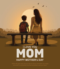 Happy mother's day greeting. Loving Mother and son sitting bench. Family holiday and togetherness. abstract  vector illustration design.