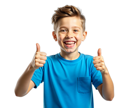 Cheerful smiling boy showing thumbs up isolated on transparent background for success, approval, encouragement, achievement, happiness, positive message, childhood themes, joy, enthusiasm.