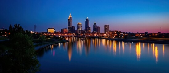 Captivating Skyline Reflection of Cleveland at Dusk over Cuyahoga River