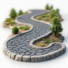 Obraz premium A winding stone pathway with small trees and green shrubbery