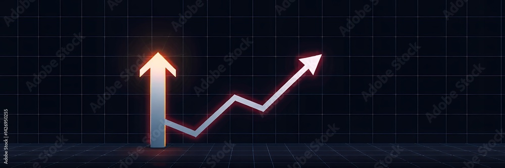 Poster illuminated upward trending arrow graph on a dark grid background representing growth and success