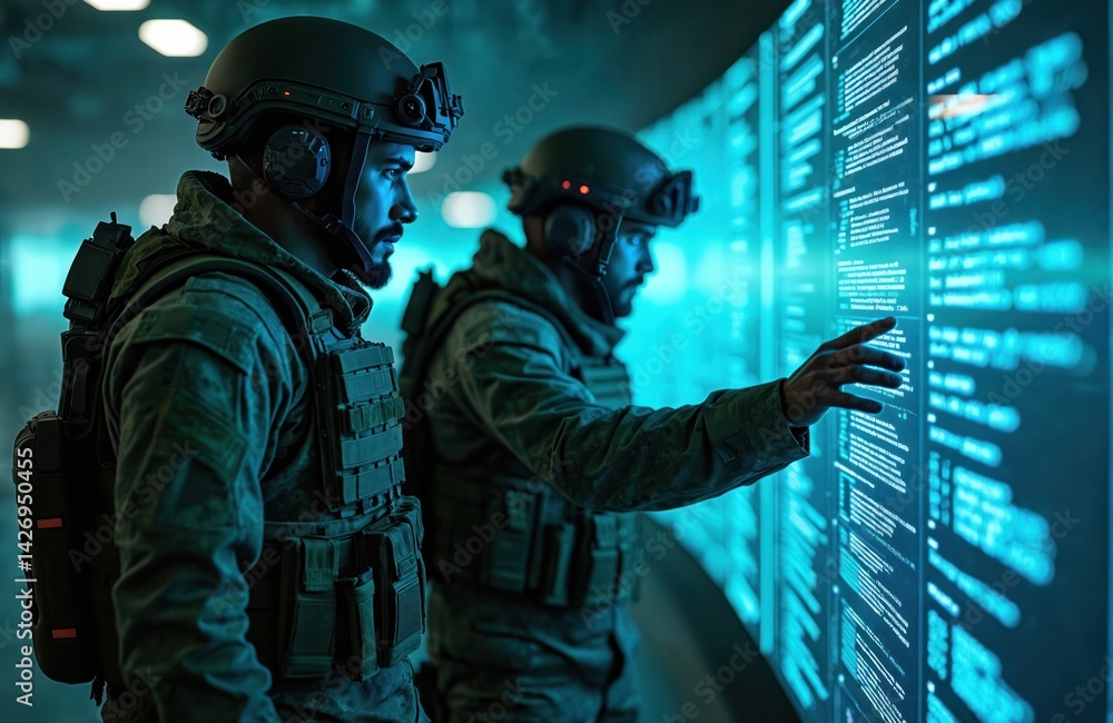 Aufkleber two soldiers in military uniform analyze digital information on large display screen. high-tech cybe