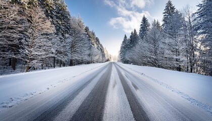 Fototapeta premium empty snowy snow covered plowed road in icy winter driving conditions with trees forest background