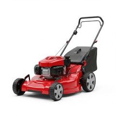Red lawn mower isolated closeup isolated on white background