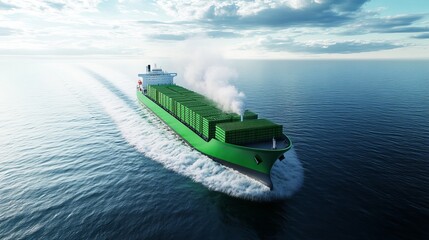 An eco-friendly container ship, promoting green shipping and sustainable energy.  Its low-carbon design contributes to environmental protection.  The vessel's image