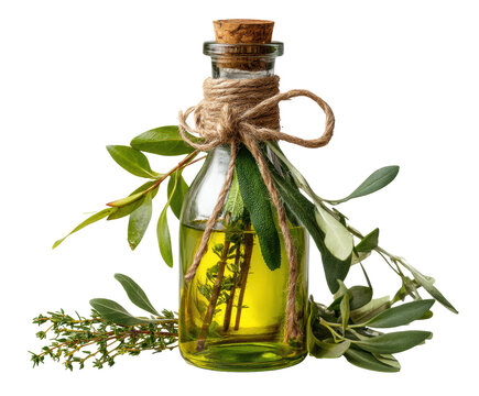 Aromatic herb oil in a decorative bottle with fresh herbs