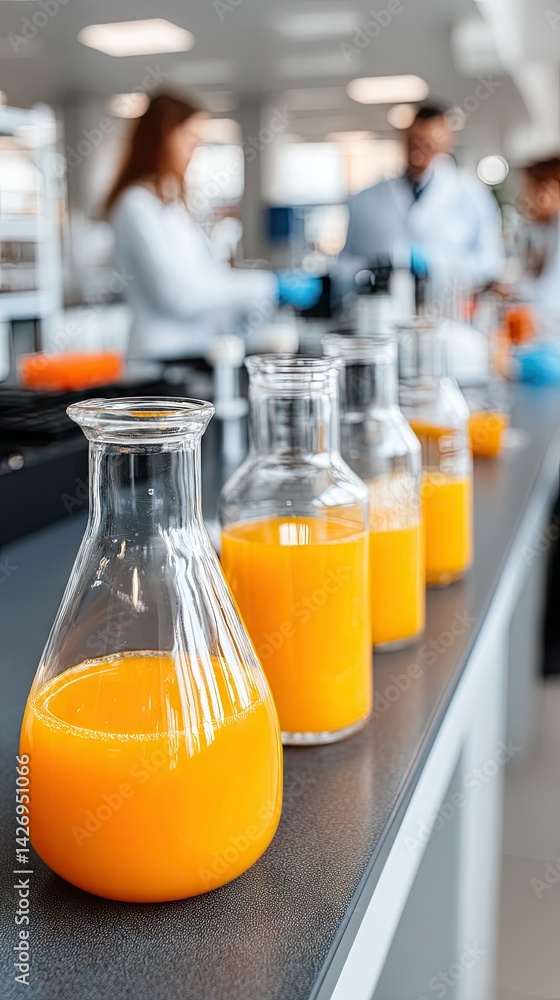 Poster conduct a research experiment utilizing orange liquid samples in a well-equipped laboratory environm