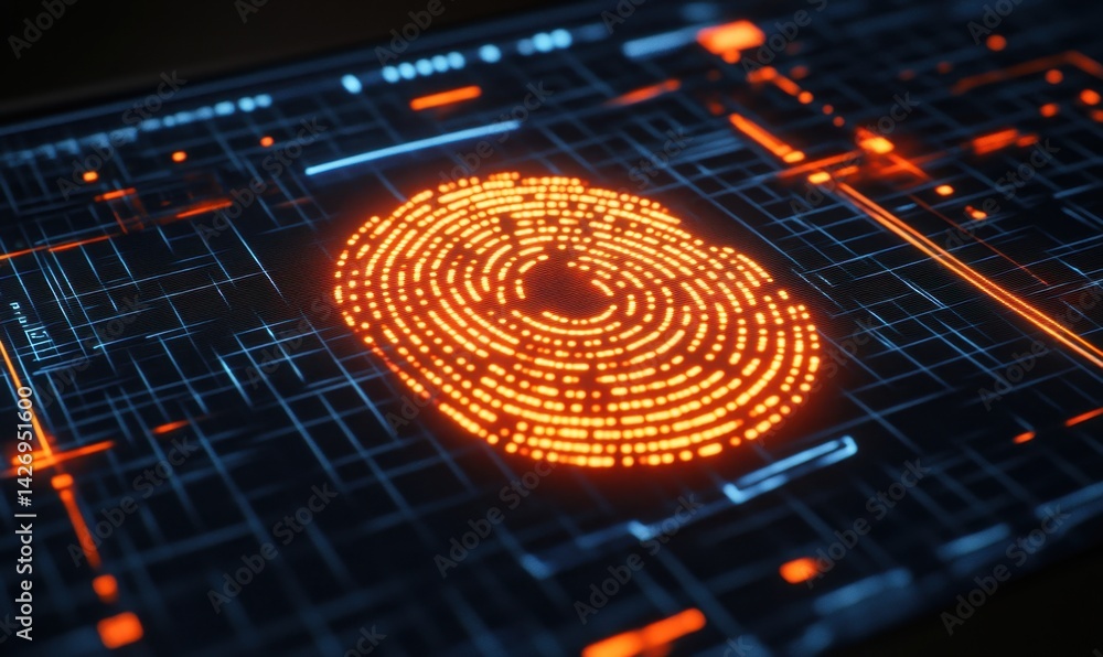 Poster digital fingerprint scan, security system, tech interface, data protection, cyber background