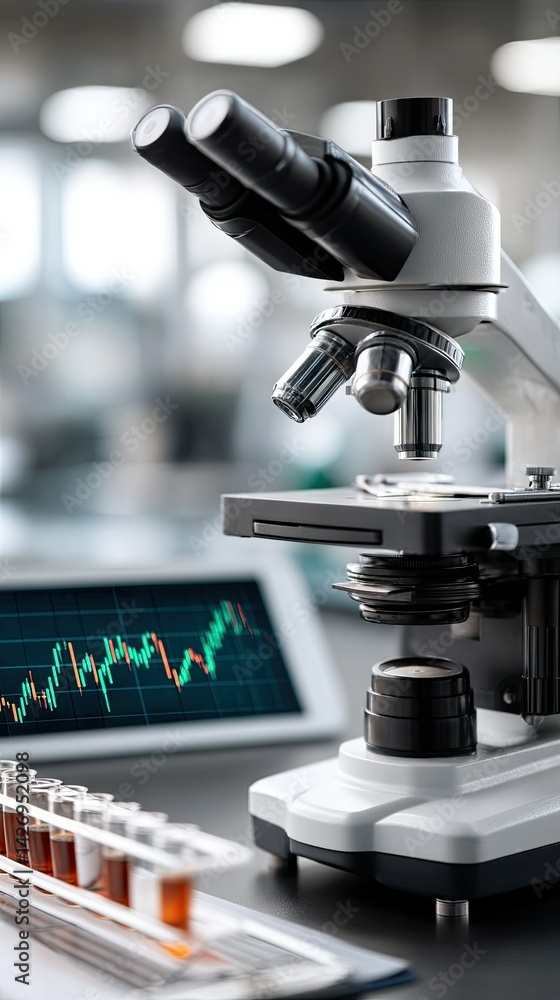 Aufkleber laboratory microscope focused on a slide with lab equipment in the background during a research sess