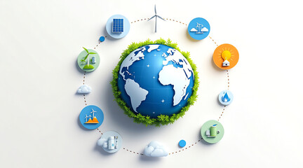 Sustainable globe with renewable energy icons, showcasing solar, wind, hydro, and geothermal power sources, surrounded by greenery, representing eco friendly solutions and innovation