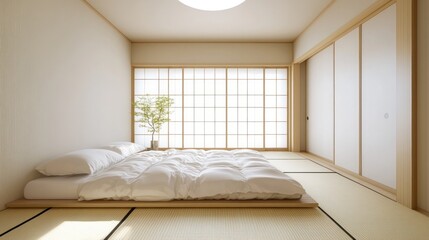 Minimalist Japanese bedroom with tatami mats
