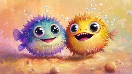 Naklejka premium An illustration features two adorable baby puffer fish swimming among vibrant coral reefs.
