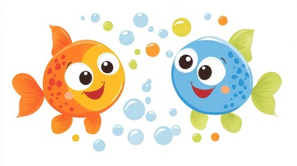 An illustration features two adorable baby puffer fish swimming among vibrant coral reefs.