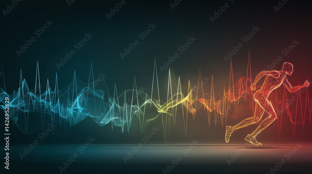 Poster Dynamic Pulse Shape Illustrating a Running Figure in Motion Against a Dark Background Representing Energy and Vitality