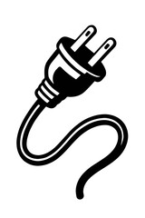 Vector illustration of a two-pronged power plug with a cord in black and white. Represents electricity, connection, and power supply.