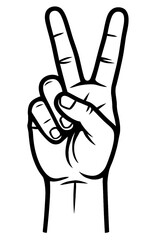 Vector illustration of a hand making the peace sign with the index and middle fingers extended in black and white. Represents peace, unity, and goodwill.