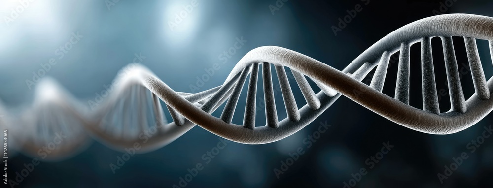 Poster dna strand with a three-dimensional structure illuminated against a dark background highlighting the