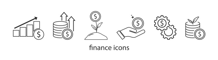 Finance icon set. Money, coin, cash, profit, send money, cash back, investment. Vector illustration.