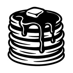 Vector illustration of a stack of pancakes with butter on top and syrup dripping down in black and white. Represents breakfast, food, and a simple graphic style.