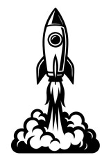 Vector illustration of a rocket ship launching with flames and smoke in black and white. Represents space travel, innovation, and new beginnings.