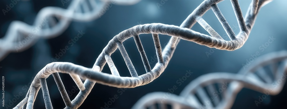 Poster dna strand with a three-dimensional structure illuminated against a dark background highlighting the