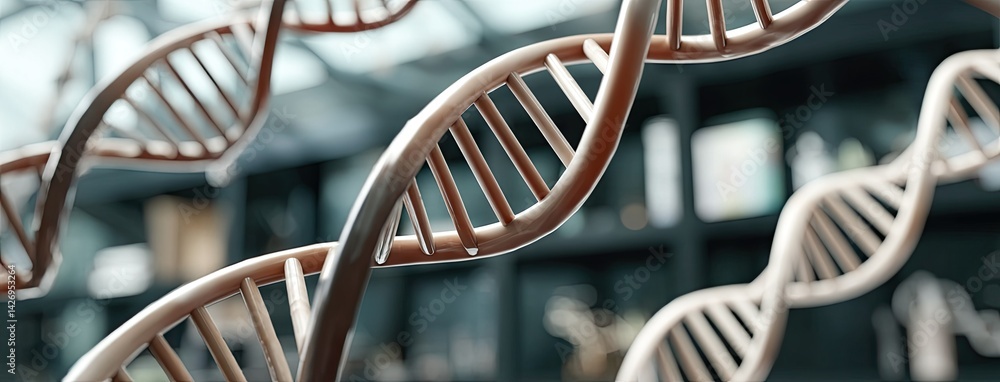 Poster dna strand with a three-dimensional structure illuminated against a dark background highlighting the