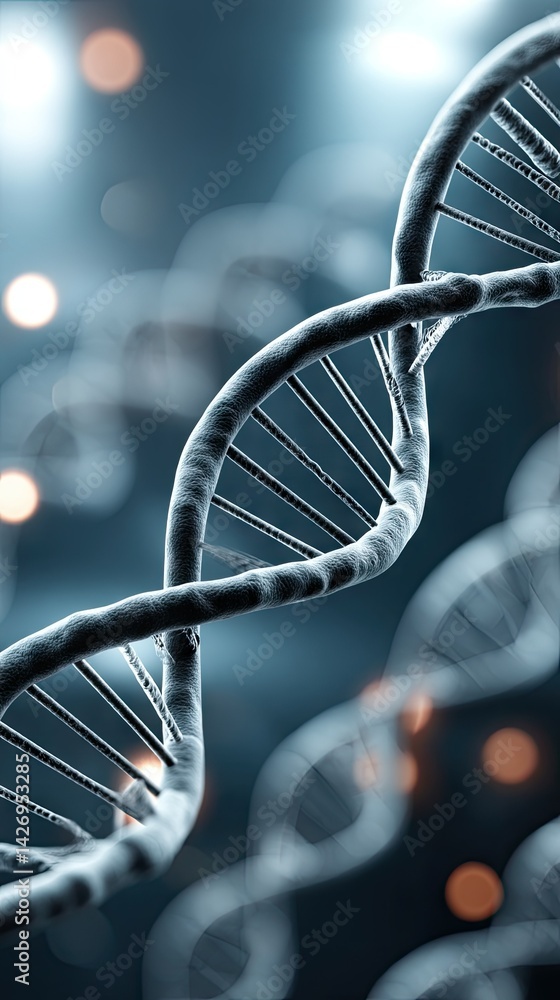 Poster dna strand with a three-dimensional structure illuminated against a dark background highlighting the