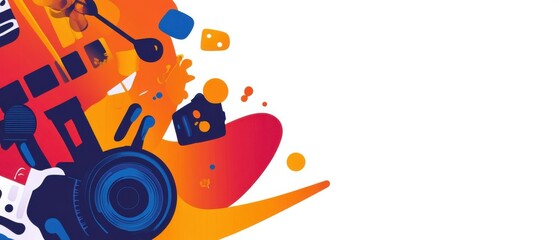 Fototapeta premium Vibrant abstract vector illustration with camera, film, and geometric shapes in red, orange, and blue, creating a dynamic and modern design