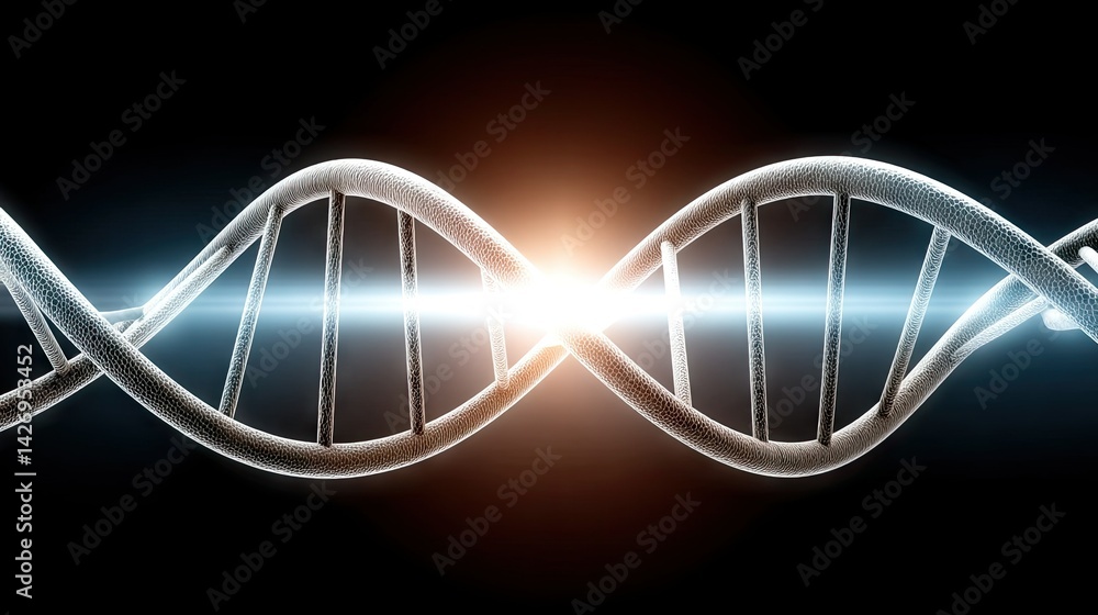 Poster dna strand with a three-dimensional structure illuminated against a dark background highlighting the
