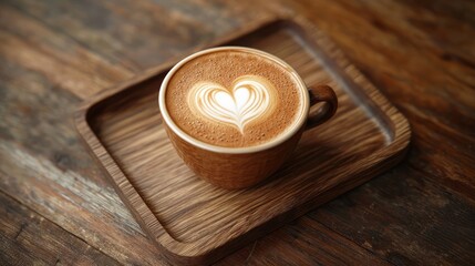 Latte art heart, coffee cup, wooden tray, cafe table, morning drink