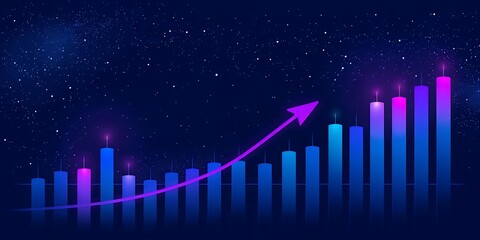 Illustration of a rising bar graph with an upward arrow against a starry night background