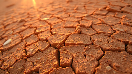 Obraz premium Close-up texture of cracked desert soil under golden hour light, warm terracotta and amber hues, ideal for background in nature-themed designs or environmental projects