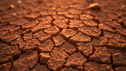 Fototapeta premium Close-up texture of cracked desert soil under golden hour light, warm terracotta and amber hues, ideal for background in nature-themed designs or environmental projects