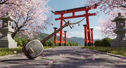 Shamisen in a Tranquil Cherry Blossom Garden