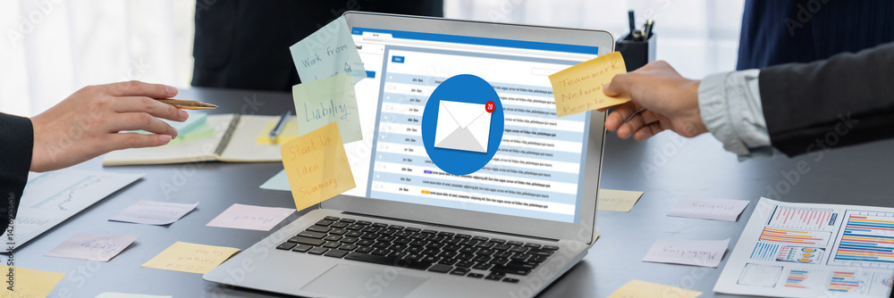 Poster email notification message showing on computer screen brisk. digital marketing message information t