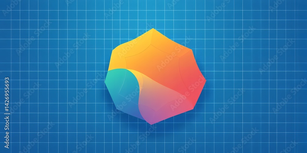 Poster geometric shape with gradient on a blue grid background creating a modern abstract design