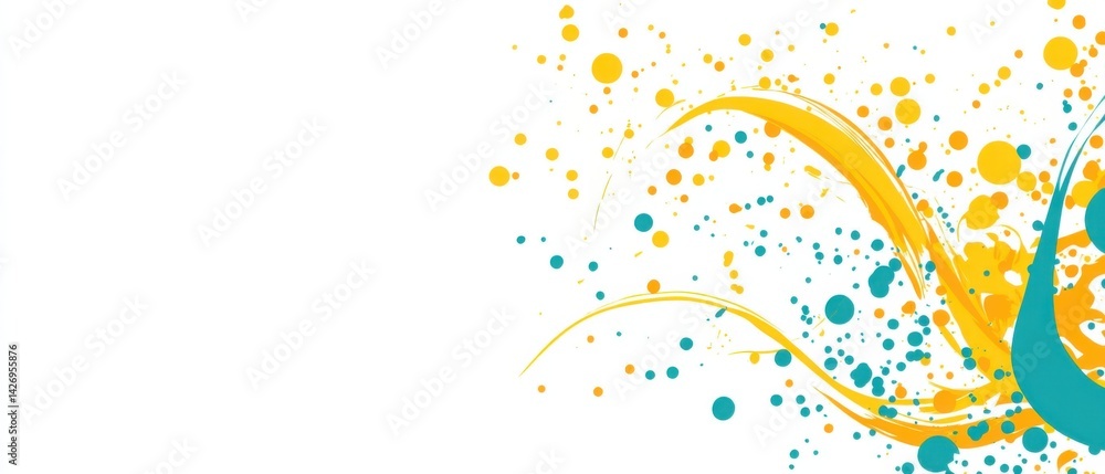 Poster abstract background with vibrant yellow and teal paint splashes and brush strokes on white canvas, c