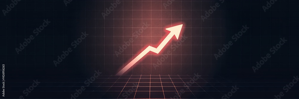 Aufkleber glowing red arrow trending upwards on a dark grid background representing growth and progress