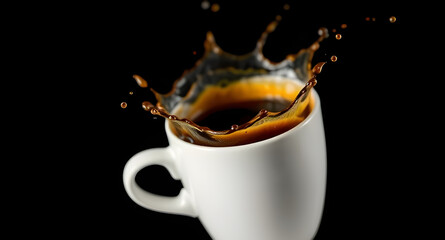 Flying Coffee Splash from Ceramic Mug on Black Background – Isolated Dynamic Freeze Frame of Hot Beverage for Branding or Advertising Use